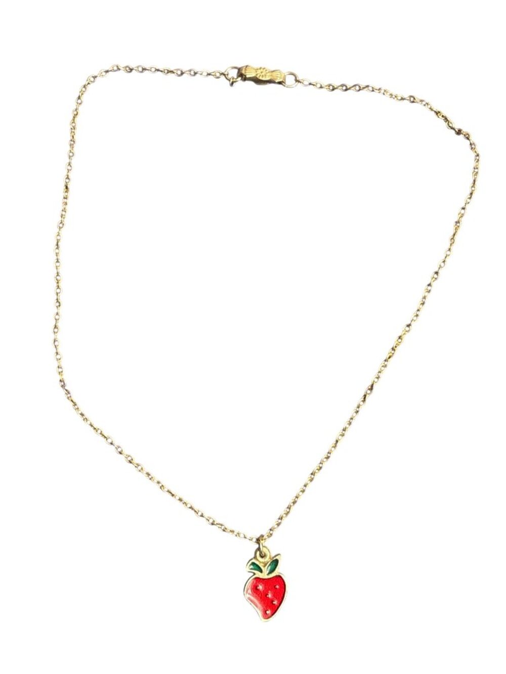 Dainty Minimalist Goldtone Choker Necklace Red Enameled Strawberry Pendant Charm